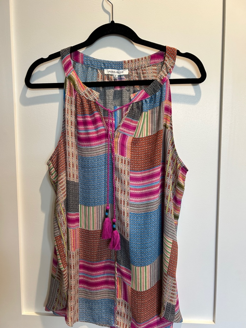 Rose + Olive Multicolor Patchwork Tank Top with Pink & Blue Accents